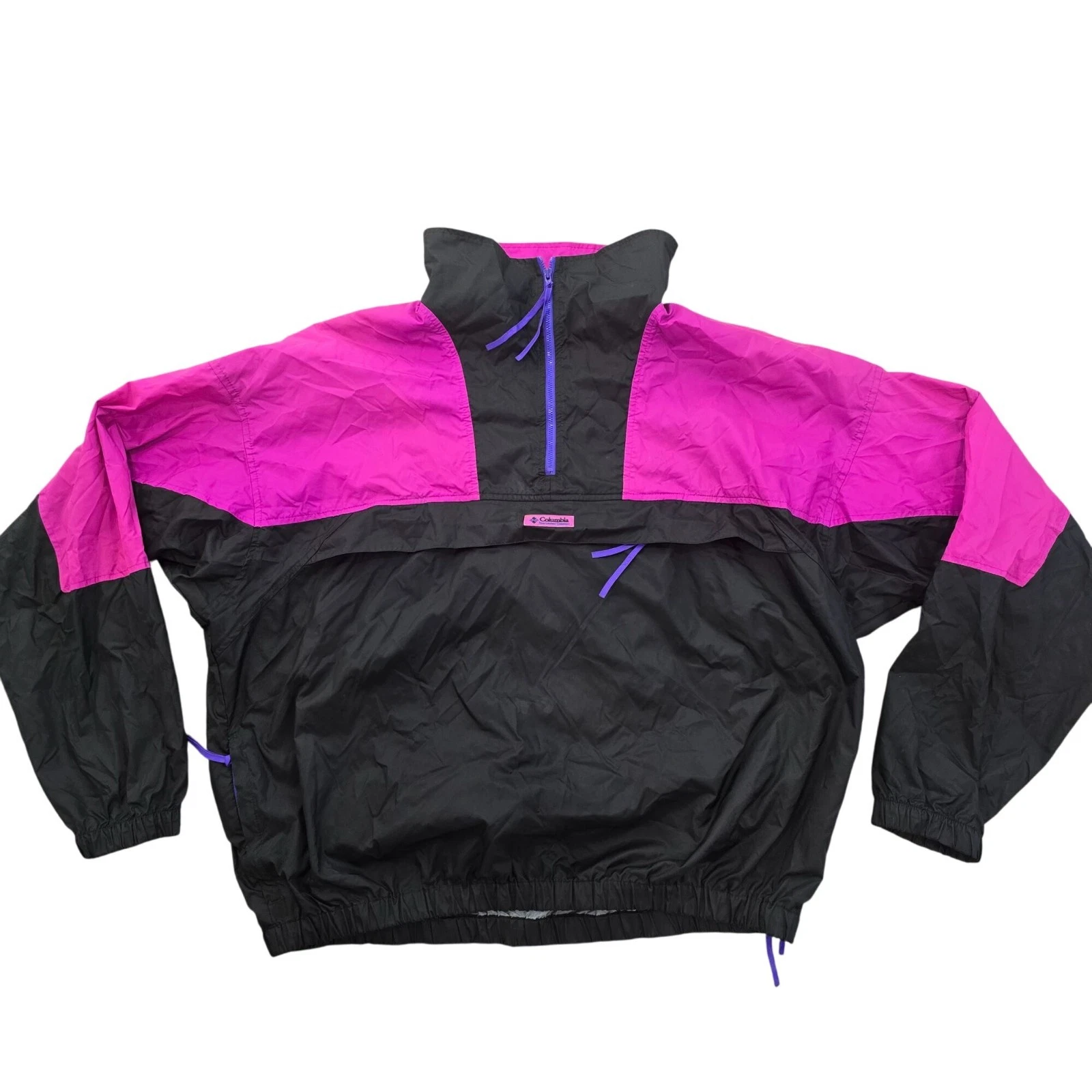 Vintage 90s Columbia Mens XL Retro Windbreaker Jacket Purple Black front pocket