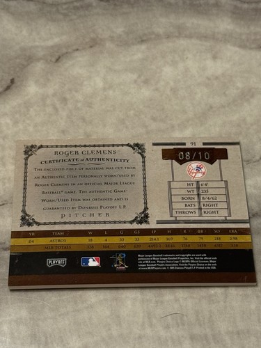 2005 Playoff Prime Cuts Timeline Roger Clemens Yankees Jersey Patch #10 SP - Picture 2 of 2