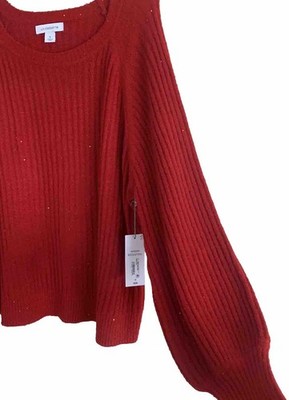 LIZ CLAIBORNE Red Sparkle Long Raglan Sleeve Round Neck Sweater Plus 1X Holiday