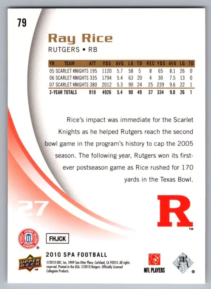 2010 SP Authentic Ray Rice Rutgers Scarlet Knights #79 - Image 2 of 2