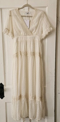 Anany Women’s Ivory Boho Maxi Dress Size Large, Crochet Trim, Cottage, Fairy