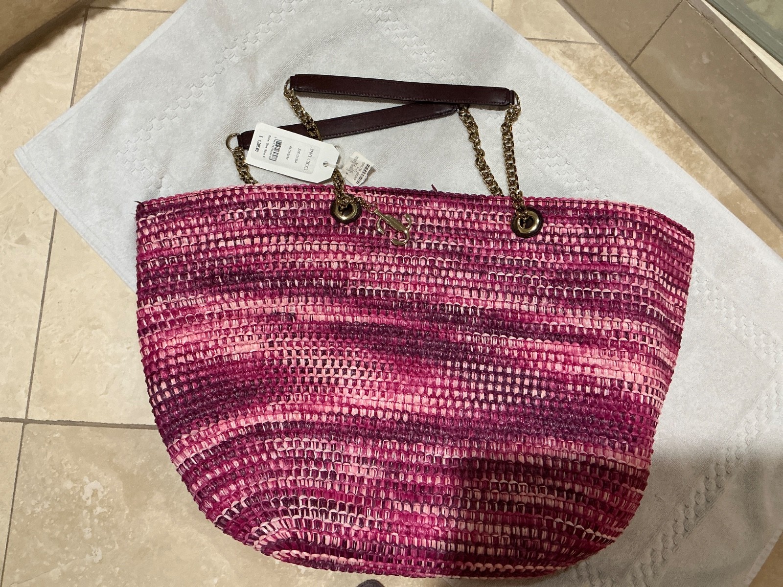 JIMMY CHOO Ladies Handbag Shoulder Bag Raffia Leather Tote Purple Italy