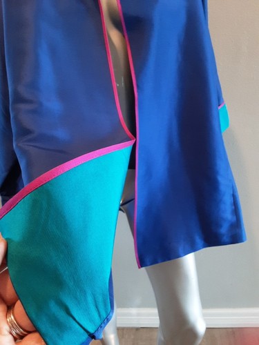 BOB MACKIE/QVC-Royal Blue Silk Open Jacket Pink/Teal Silk-Chic Sz 1x-Flaw-NWT - Picture 4 of 15