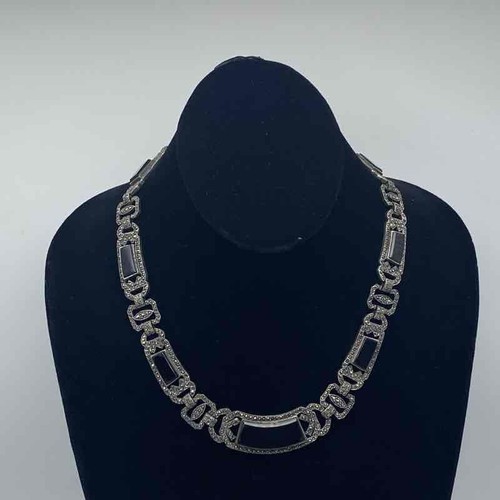MRF Sterling Silver 925 Onyx Marcasite Art Deco Style Link Necklace 18.25"