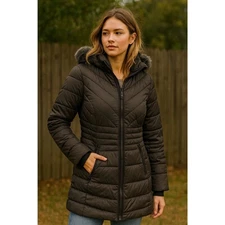 Quilted Puffer Taupe Gray Coat Faux Fur Hood Women's Winter Jacket Medium
