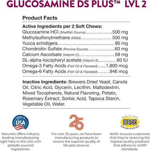 NaturVet GLUCOSAMINE - DS Plus MSM and Chondroitin Soft Chews for Dogs 120 COUNT