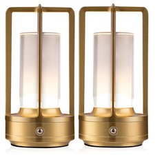 2X Gold Cordless LED Table Lamps - 3-Color Dimmable Touch for Home/Outdoor