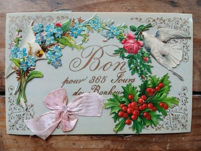 Old postcard relief gift card good for 365 days of happiness flowers new year post card 