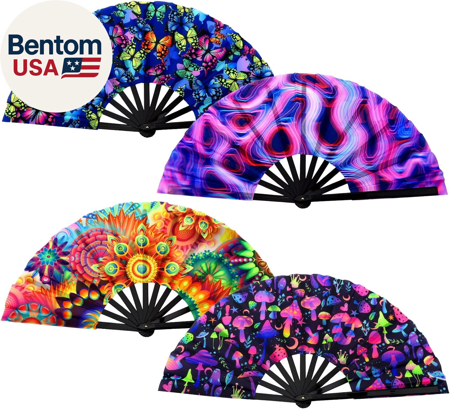 4 Pcs UV Glow Large Folding Hand Rave Fan Men Women Clap Fans for Line Dancing C