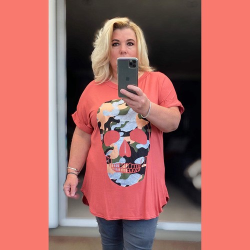 ROCKTHOSECURVES WOMENS LONG T-SHIRT DIPPED HEM TOP PLUS SIZE TEE SKULL FRONT - Picture 65 of 79