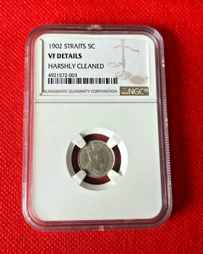 1902 STRAITS 5C NGC VF DETAILS HARSHLY CLEANED
