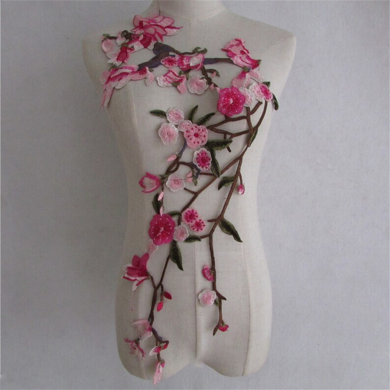 Pink Plum Embroidery Bossom Lace Applique Large Bodice Flower Applique for Dress