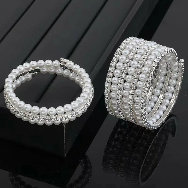 Women Multilayer Wrist Bracelet Shining Bling Pearl Crystal Party Wedding 0411 - Image 2 of 4