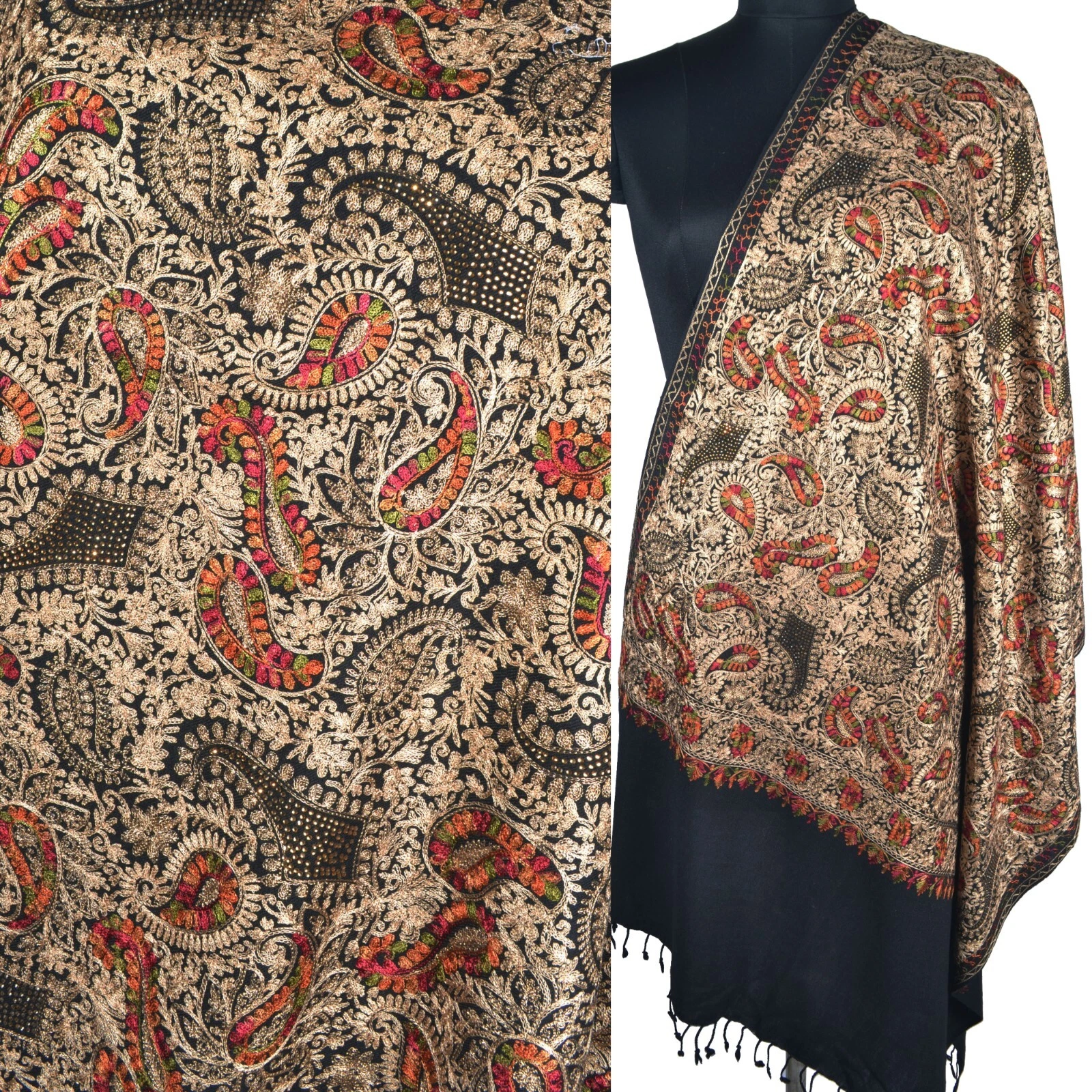 Hand-Beaded and Embroidered Wrap. BLACK Silk Pashmina Scarf. Intricate Paisley