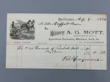 1884 AG Mott AGRICULTURAL Implements FARM SEEDS Advertising Receipt BALTIMORE
