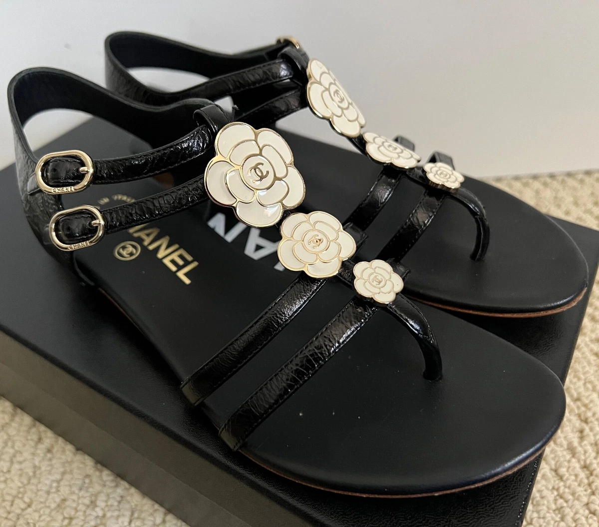 Chanel Camellia Flower CC Logo Black Leather Gladiator Flat