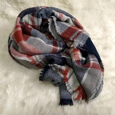 Look Blanket Scarf Wool Blend Orange Blue Gray Plaid Fringe Trim