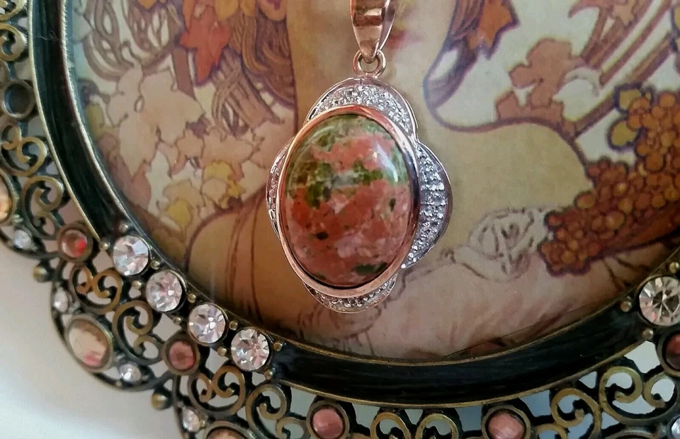 Unakit ( Epidot ) Silberhalskette°. - Bild 2 von 4