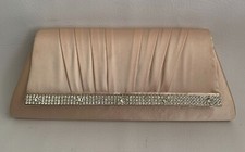 Kate Landry Evening Clutch Beige Satin Envelope Rhinestone Trim Snap Chain NEW