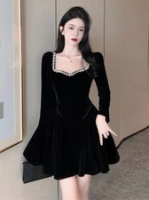  Vintage Elegant Black Party Dresses Wrap Slim Mini Short Dress Square Collar 