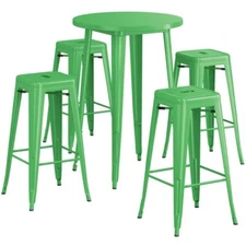 30" Round Green Metal Restaurant Bar Table Set with 4 Backless Barstools Chairs
