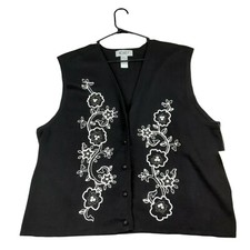 Vintage Koret Knitted Vest Xl Beaded Black Sleeveless Floral *