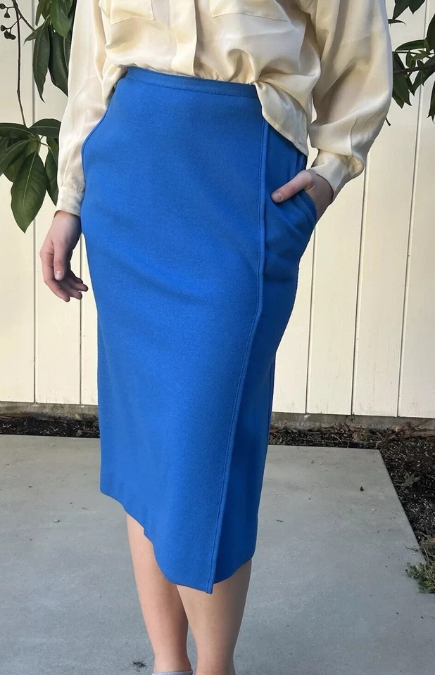 Vintage 70s Sonia Rykiel Sz 38 100% Wool Felt Skirt France Sexy Blue Slit Sexy - Image 2 of 4
