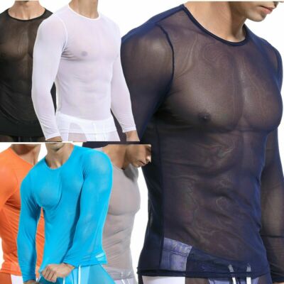 Herren Damen Langarmshirt Mesh Langarm Durchsichtig Transparent Rundhals Unisex