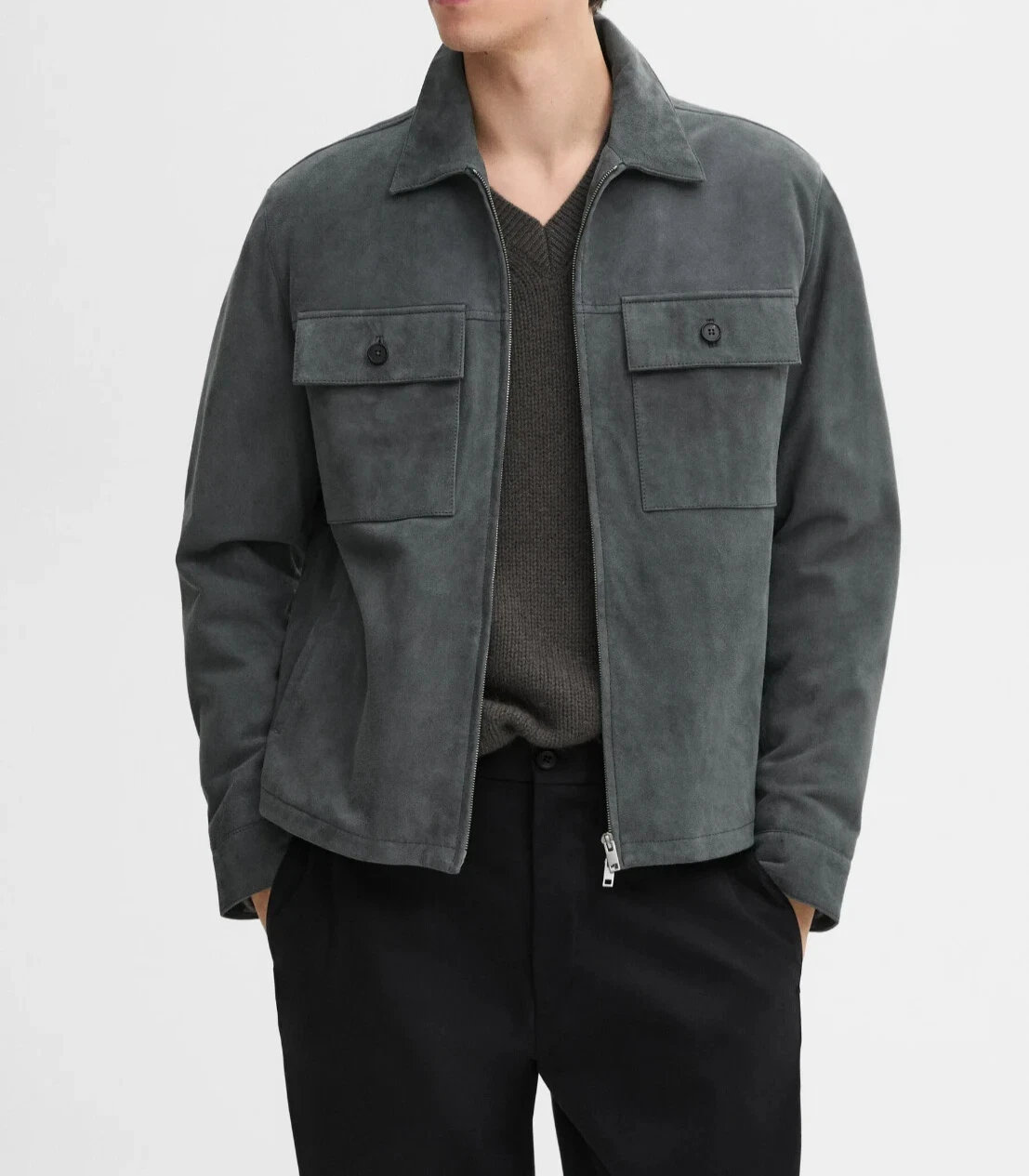 Suede Leather Trucker Jacket Men Grey Cargo Pockets Zip-Up Classic Fit S to 3XL