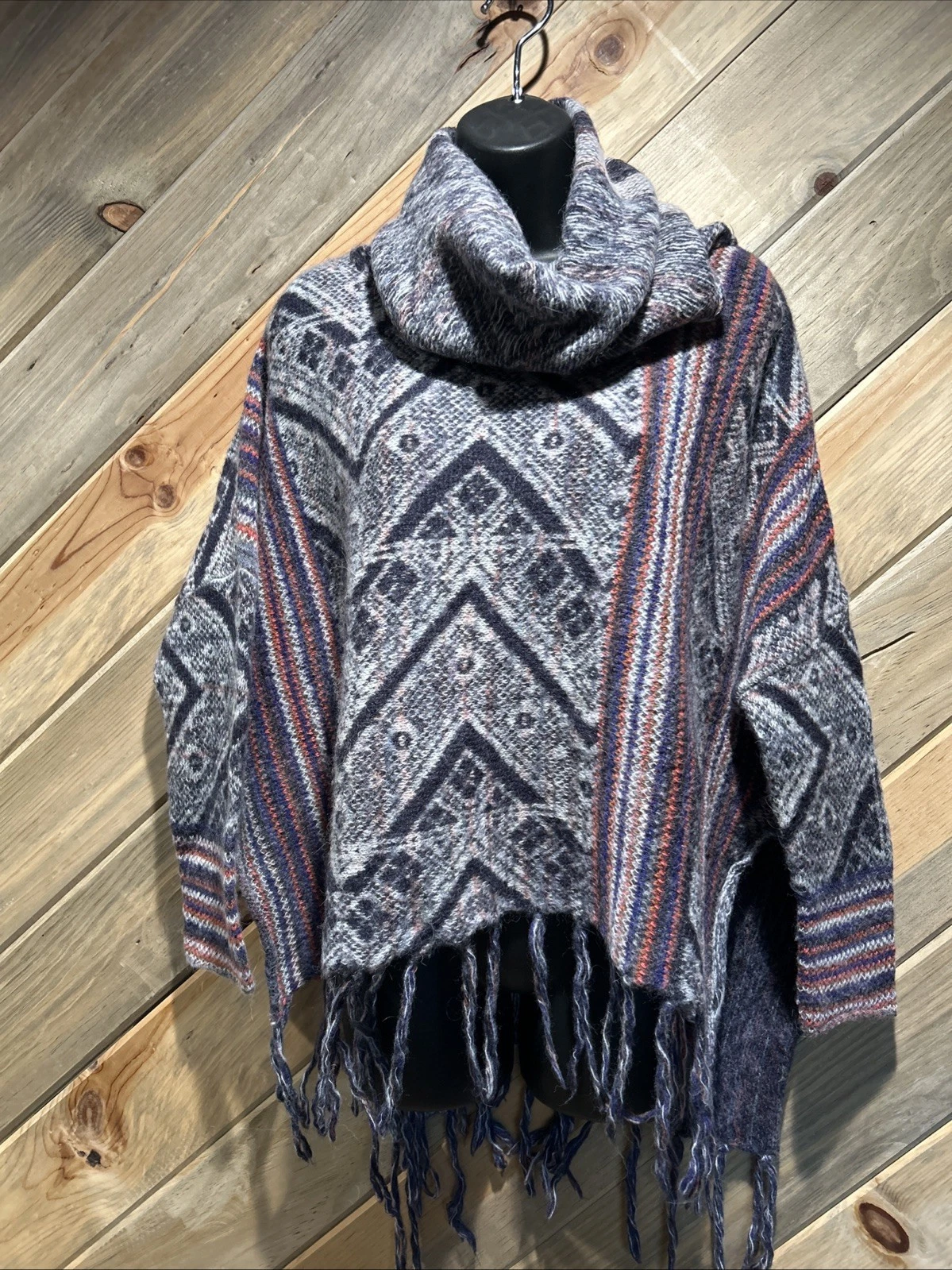 FREE PEOPLE Soft Roomy XS Cowl Neck Long Sleeve Fringed Poncho Pullover Sweater