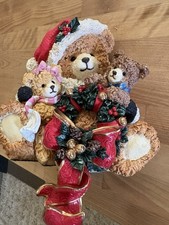 Vintage Teddy Bear Family Resin Stocking Holder Christmas Holiday Festive Decor