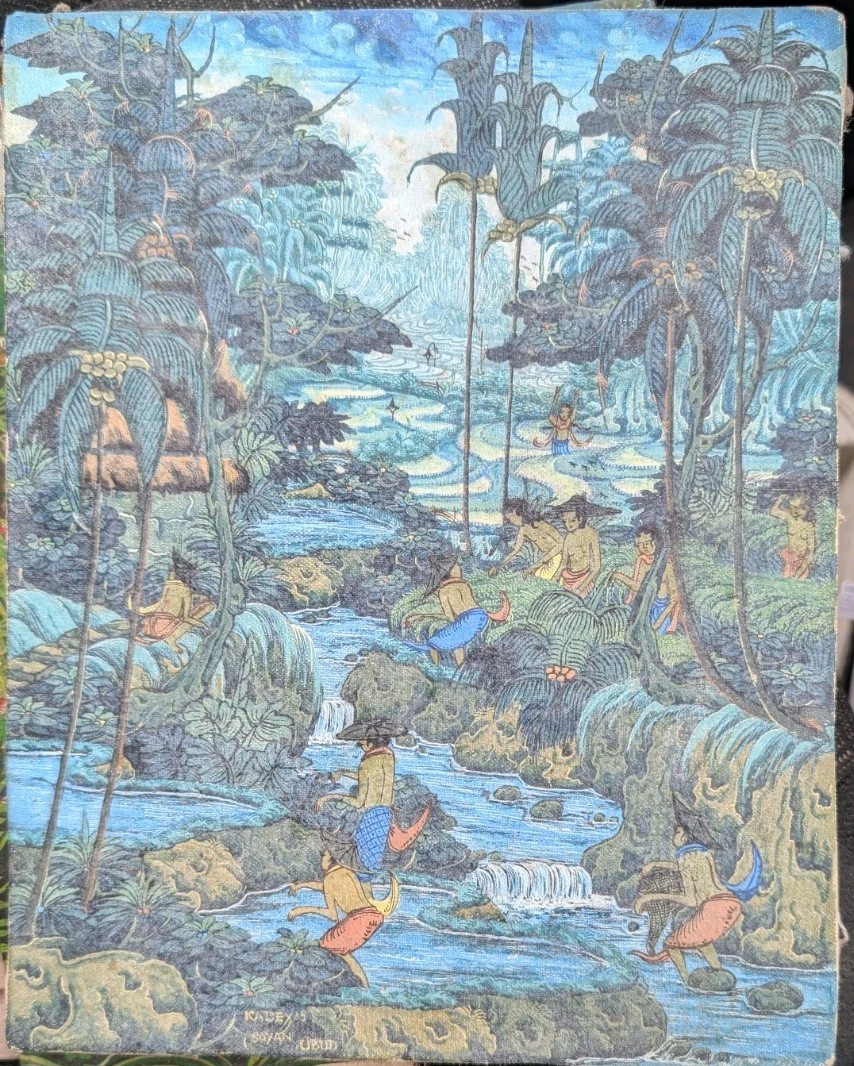Increíble Pintura Little Kadex Sayan BALI UBUD Firmada en Lino