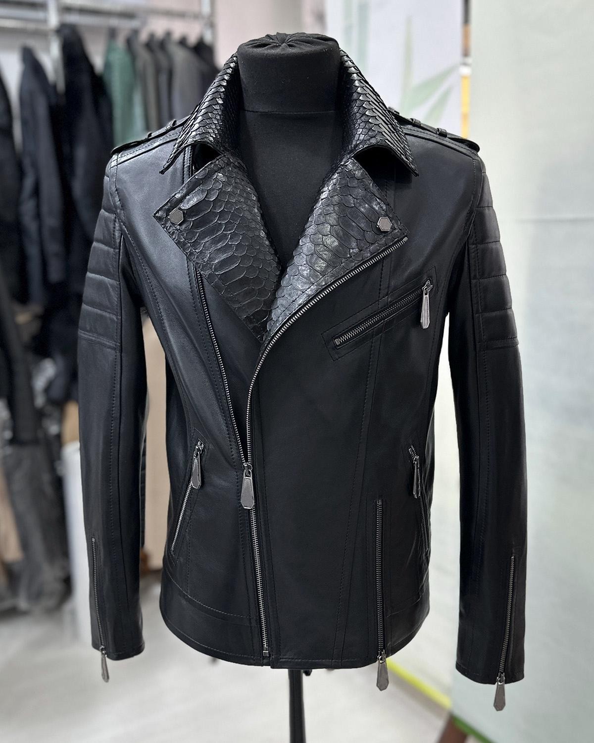Men's Real Python Skin Trim Genuine Leather Black Luxury Motorcycle Biker Jacket image 4