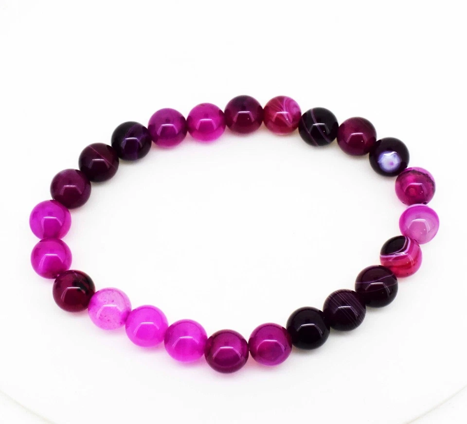 Brazalete de curación elástico de ágata rosa caliente natural redondo de 8 mm 8 pulgadas Foto 4 de 4