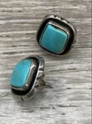 Sterling Silver Turquoise Color Stone Square Stud Earrings 1/2" 5.81g