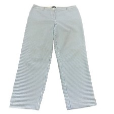 TALBOTS WOMENS PERFECT CROP PANT SZ 8 BLUE WHITE SEERSUCKER STRIPED FLAT FRONT