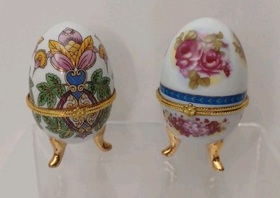 2 Vtg 1980s Porcelain Footed Egg Floral Design Hinged Trinket Gift Box 4'' Tall 