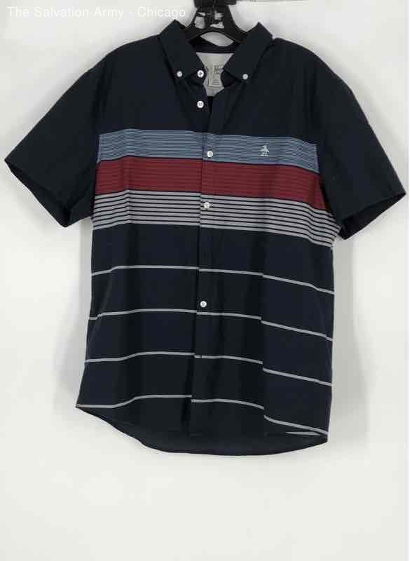Penguin Mens Blue Striped Collared Short Sleeve Button-Up Shirt Size Large