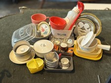 Huge Lot Vtg Children  s Toy Doll Dishes Metal Plastic Tin Food Packaging