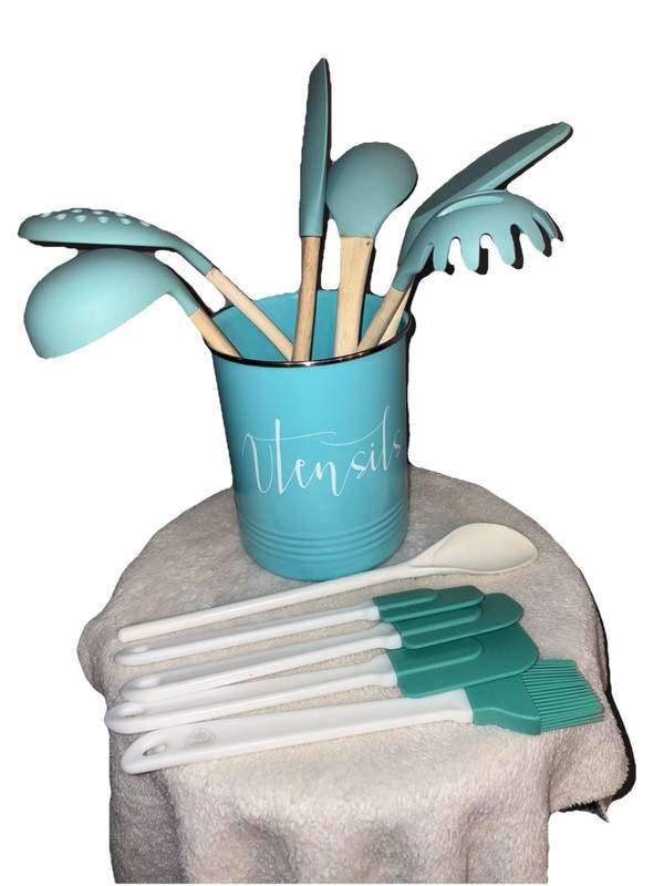 Teal Blue Utensils With Wood Handle And Canister Holder 