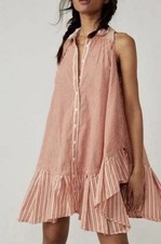 FREE PEOPLE Be Real Mini Summer DRESS Size M Rust Combo Stripes Ruffles