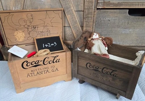 Lot 2 Vintage Franklin Mint Doll Wooden Coca-Cola Doll Cradle & Toy Box