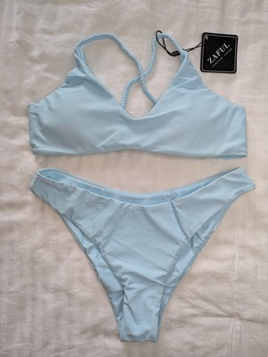 ZAFUL High Cut Bralette Bikini Set UK 8 Zweiteiler Badeanzug Tie Back Gepolstert Blau