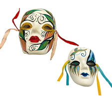 Mardi Gras Wall Mask Hand Painted Ceramic with Ribbons Large and Medium Lot of 2