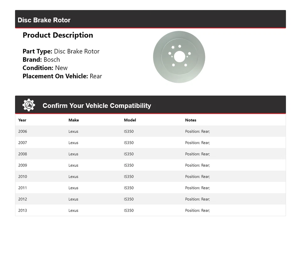 Rotor de freno de disco trasero para Lexus IS350 2006-2013 Bosch QuietCast 2007 2008 2009 Foto 2 de 4