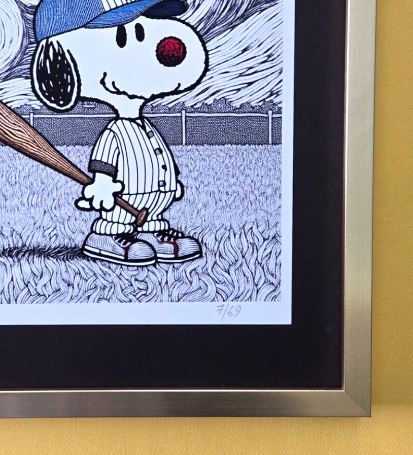 AIDAN FLUX | Estampado Auténtico Firmado a Mano Enmarcado Snoopy Jugando Béisbol | Certificado de Autenticidad Foto 4 de 4