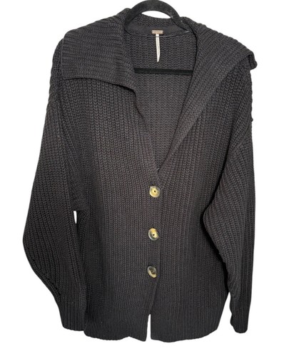 Free People Oversized Knit Cardigan Sweater Black Size XS Buttons Pockets Chunky