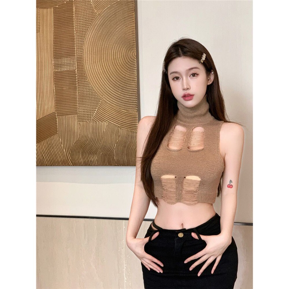 Girls Crop Top Summer Turtleneck Sleeveless Tank Knit Short Top Women-image