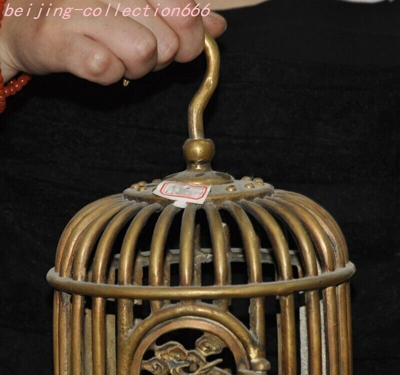 8'' old Chinese bronze Red-crowned crane cage birdcage mew