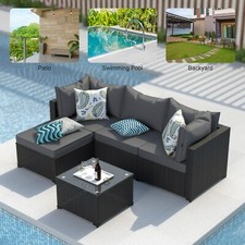 5 Pieces Patio Furniture Set with Cushions  Glass Table Black PE Rattan Wicker